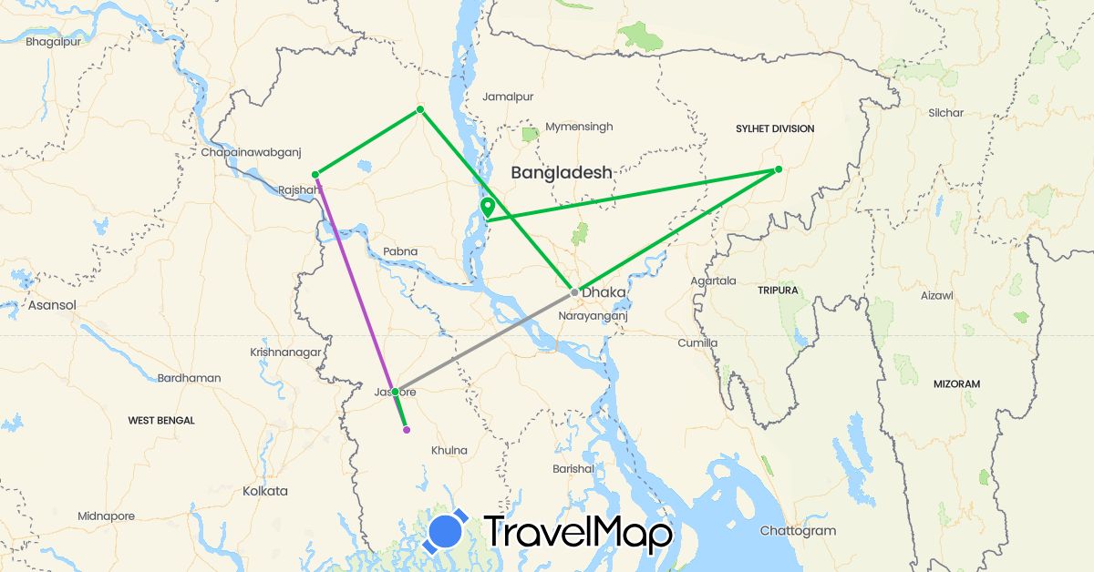 TravelMap itinerary: driving, bus, plane, train in Bangladesh (Asia)